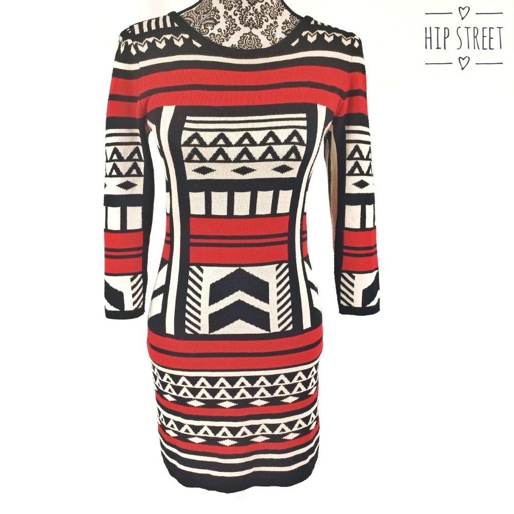 T/O Scoop Neck 3/4 Sleeve Native Print Sweater Dress S
